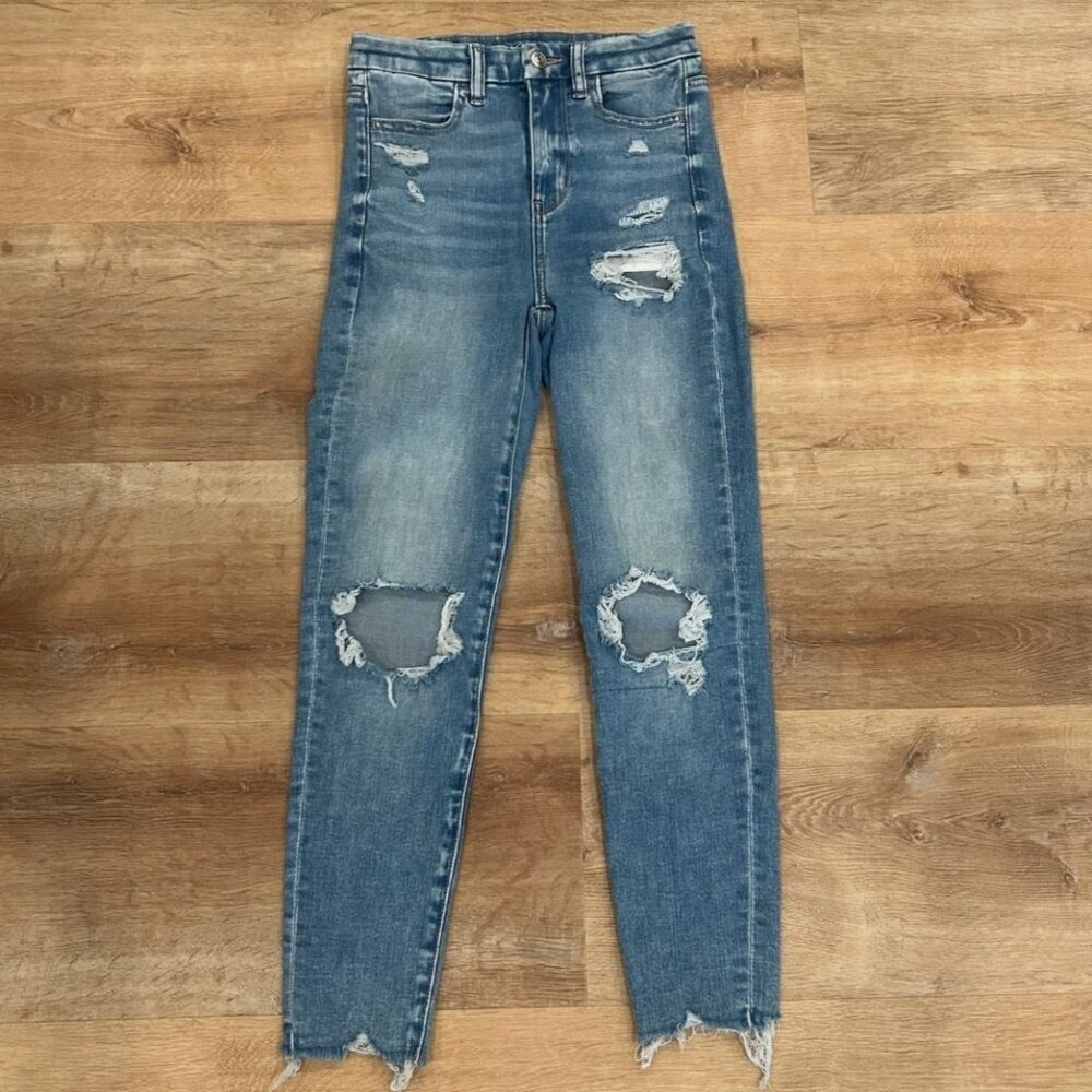 American Eagle Women's 0 Jegging Distressed X-SHORT Stretch HI-Rise Denim Jeans